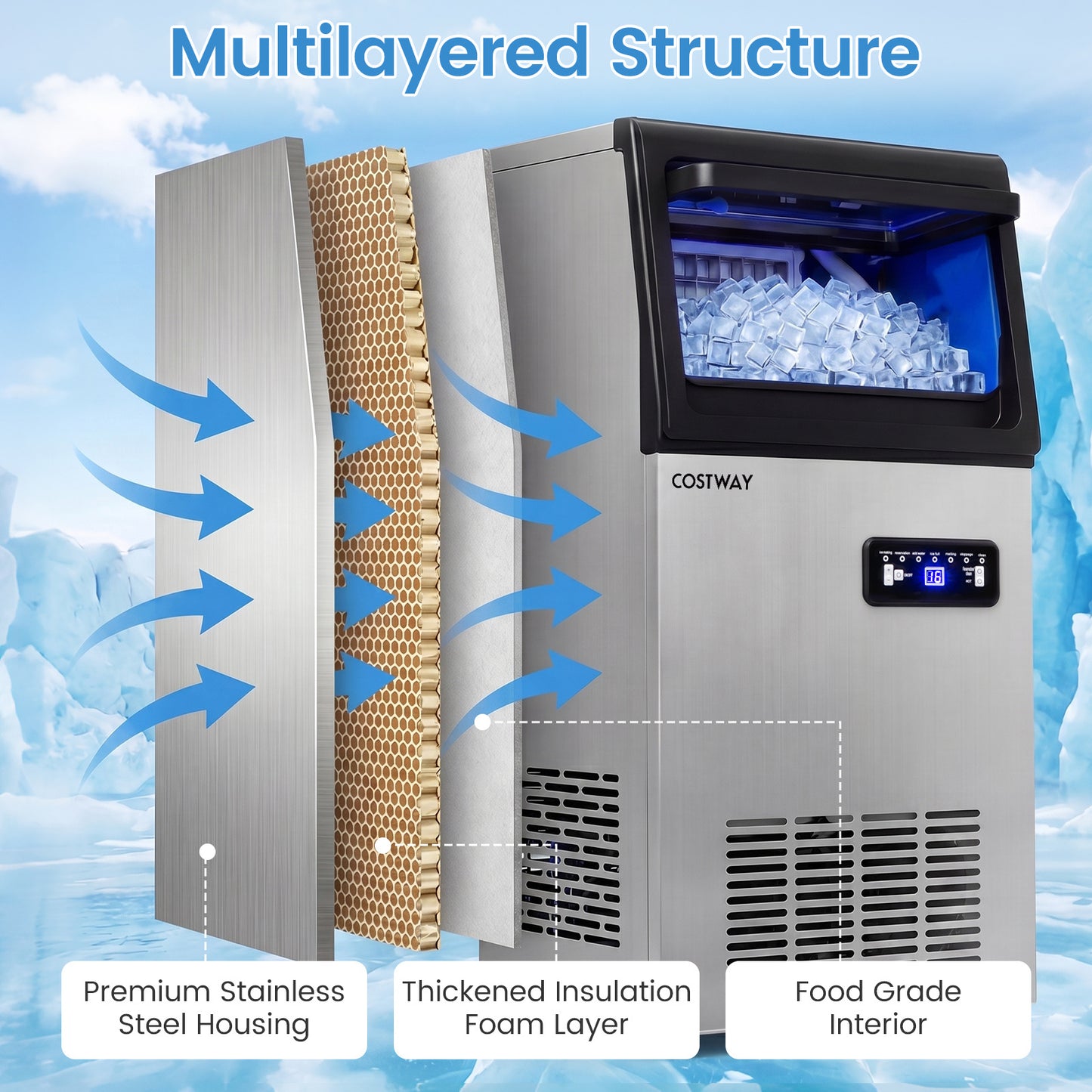 Commercial Ice Maker 50kg/24H with 11kg Storage and Filter Self-Cleaning