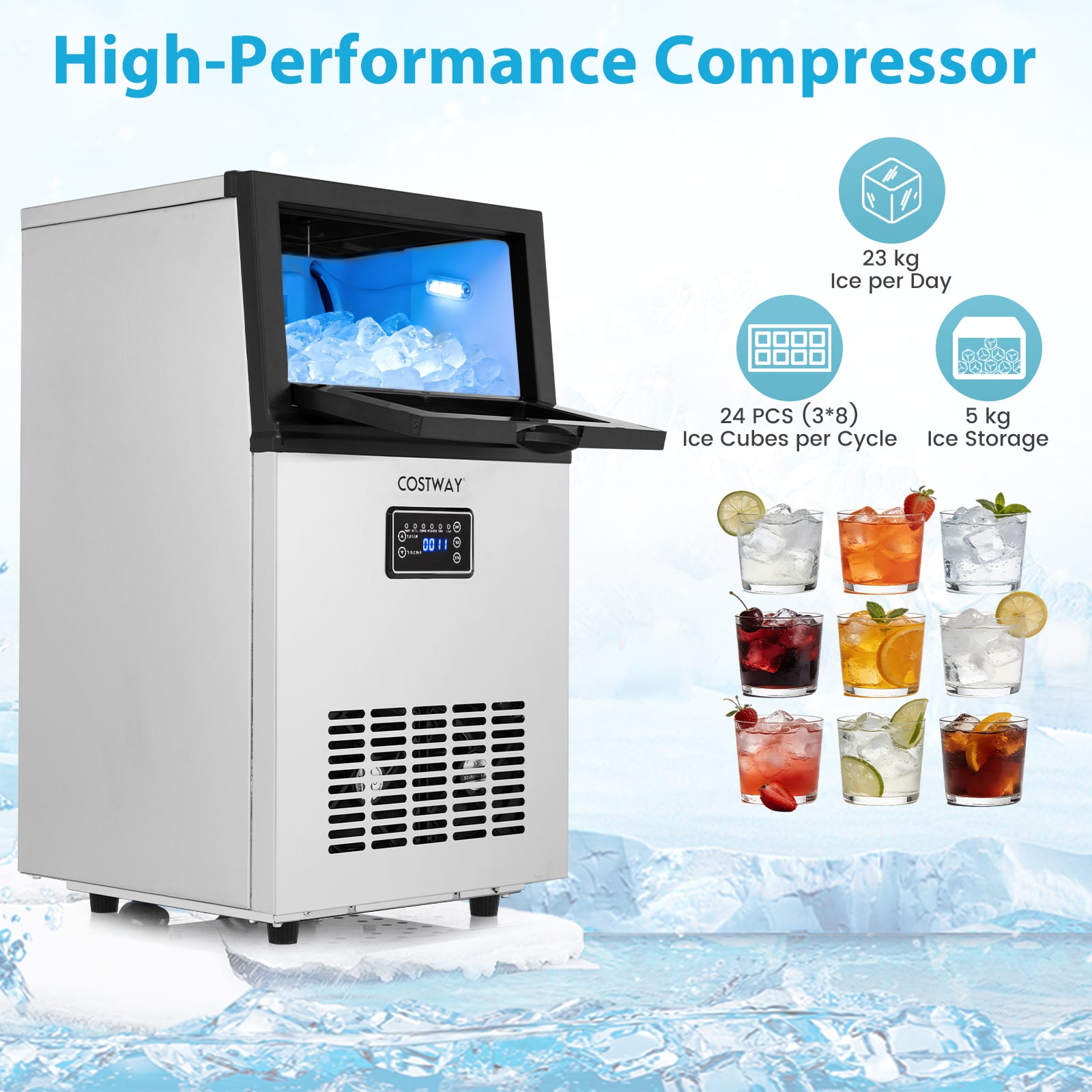23 kg/24H Commercial Ice Maker with 5 kg Storage Capacity and Self-Cleaning-Silver