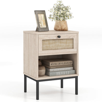 Boho Style Nightstand with Rattan Drawer and Open Shelf-Oak