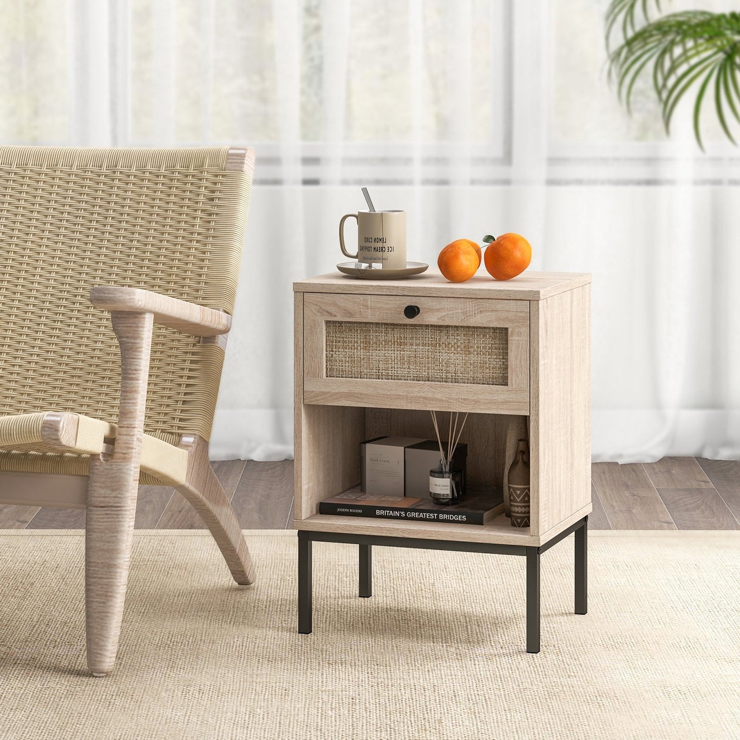 Boho Style Nightstand with Rattan Drawer and Open Shelf-Oak