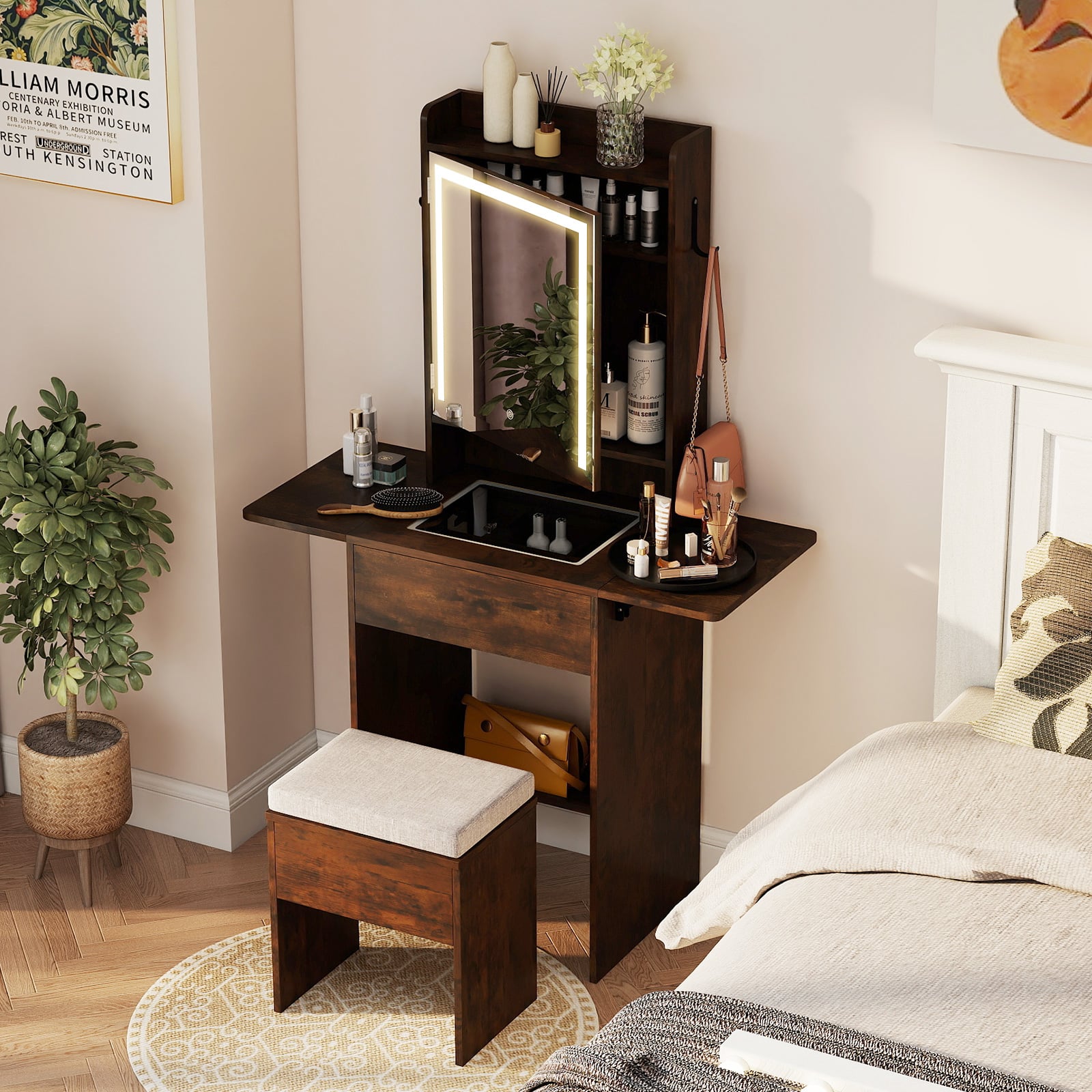 Compact Makeup Dressing Table with Visible Glass Top and Power Outlets-Rustic Brown
