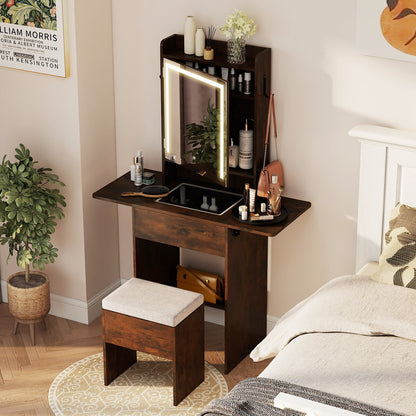 Compact Makeup Dressing Table with Visible Glass Top and Power Outlets-Rustic Brown