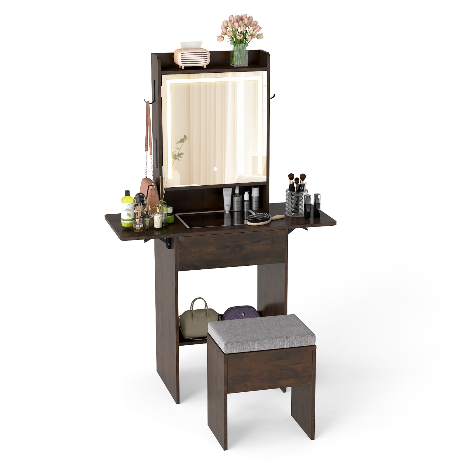 Compact Makeup Dressing Table with Visible Glass Top and Power Outlets-Rustic Brown