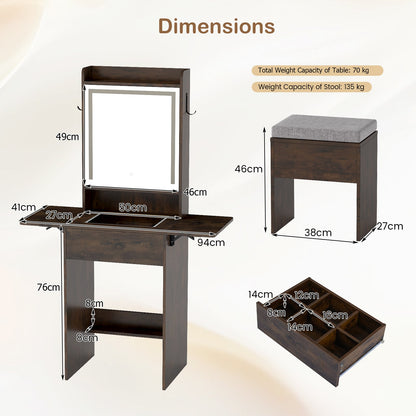 Compact Makeup Dressing Table with Visible Glass Top and Power Outlets-Rustic Brown