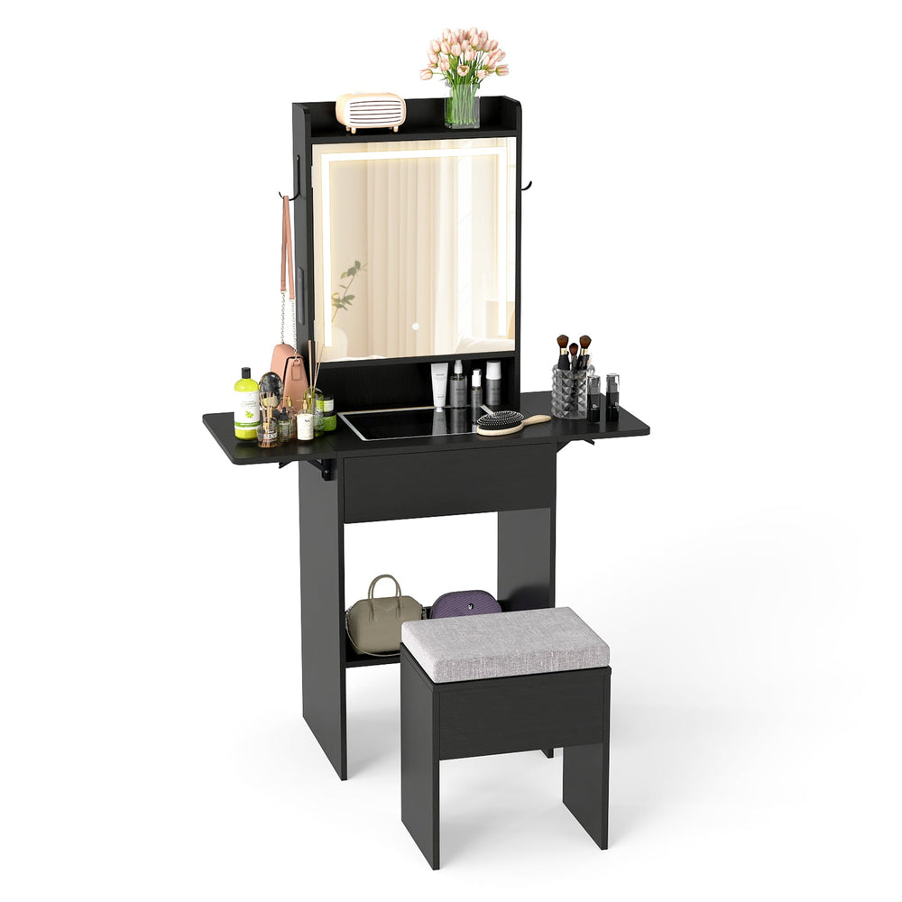 Compact Makeup Dressing Table with Visible Glass Top and Power Outlets-Black