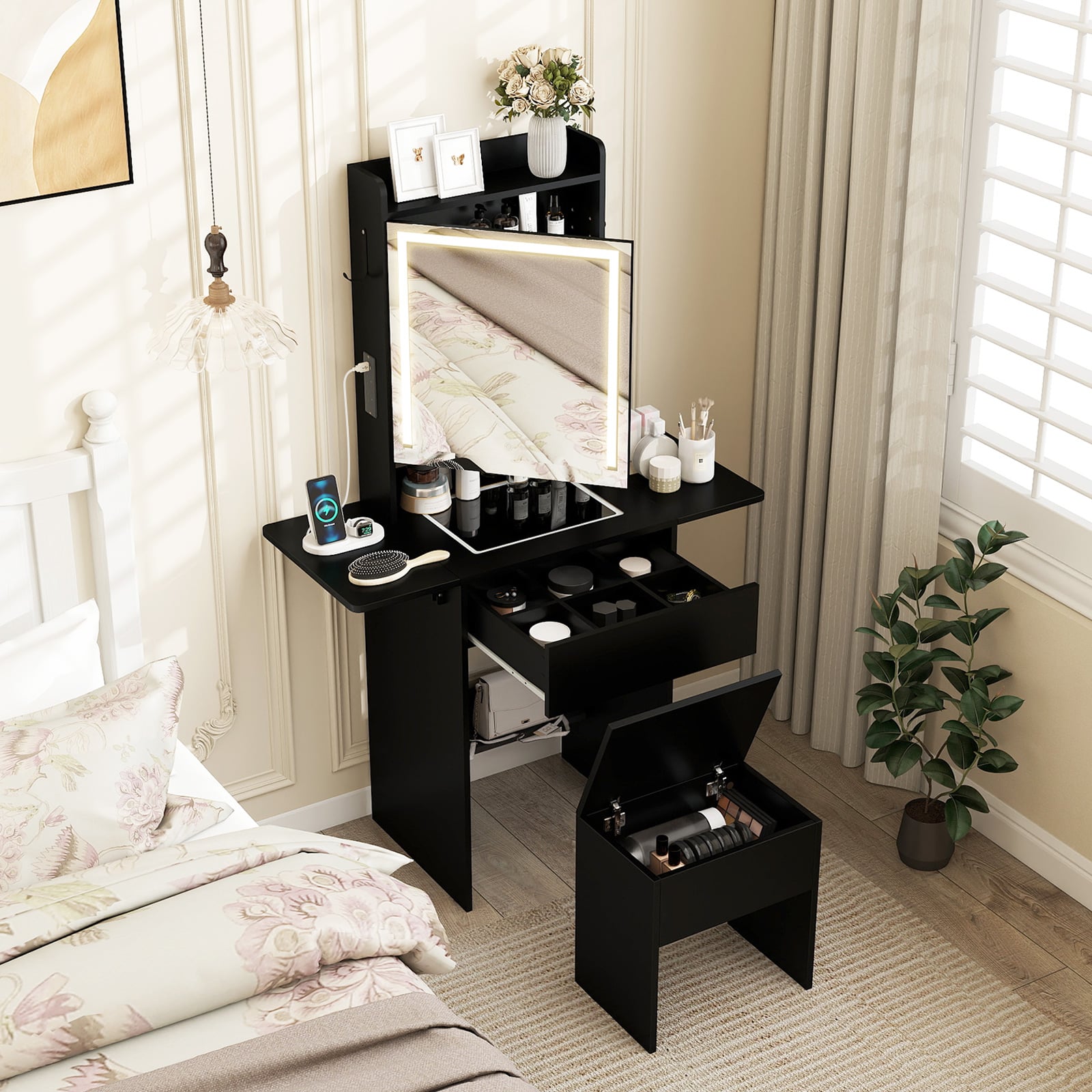 Compact Makeup Dressing Table with Visible Glass Top and Power Outlets-Black