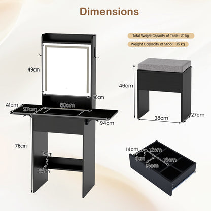 Compact Makeup Dressing Table with Visible Glass Top and Power Outlets-Black