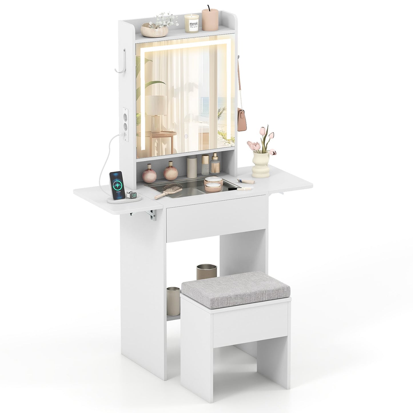 Compact Makeup Dressing Table with Visible Glass Top and Power Outlets-White