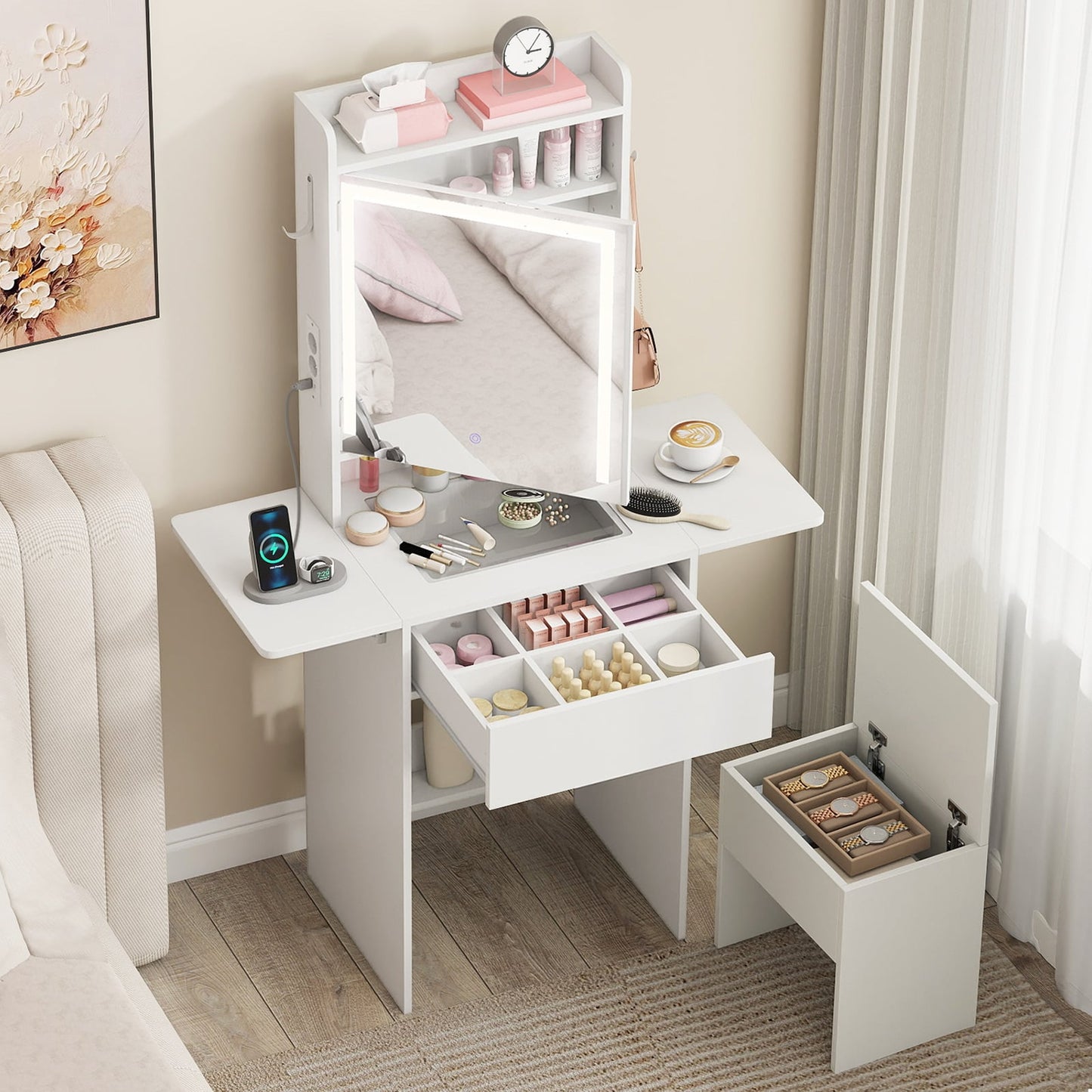 Compact Makeup Dressing Table with Visible Glass Top and Power Outlets-White