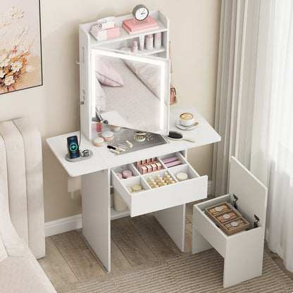 Compact Makeup Dressing Table with Visible Glass Top and Power Outlets-White