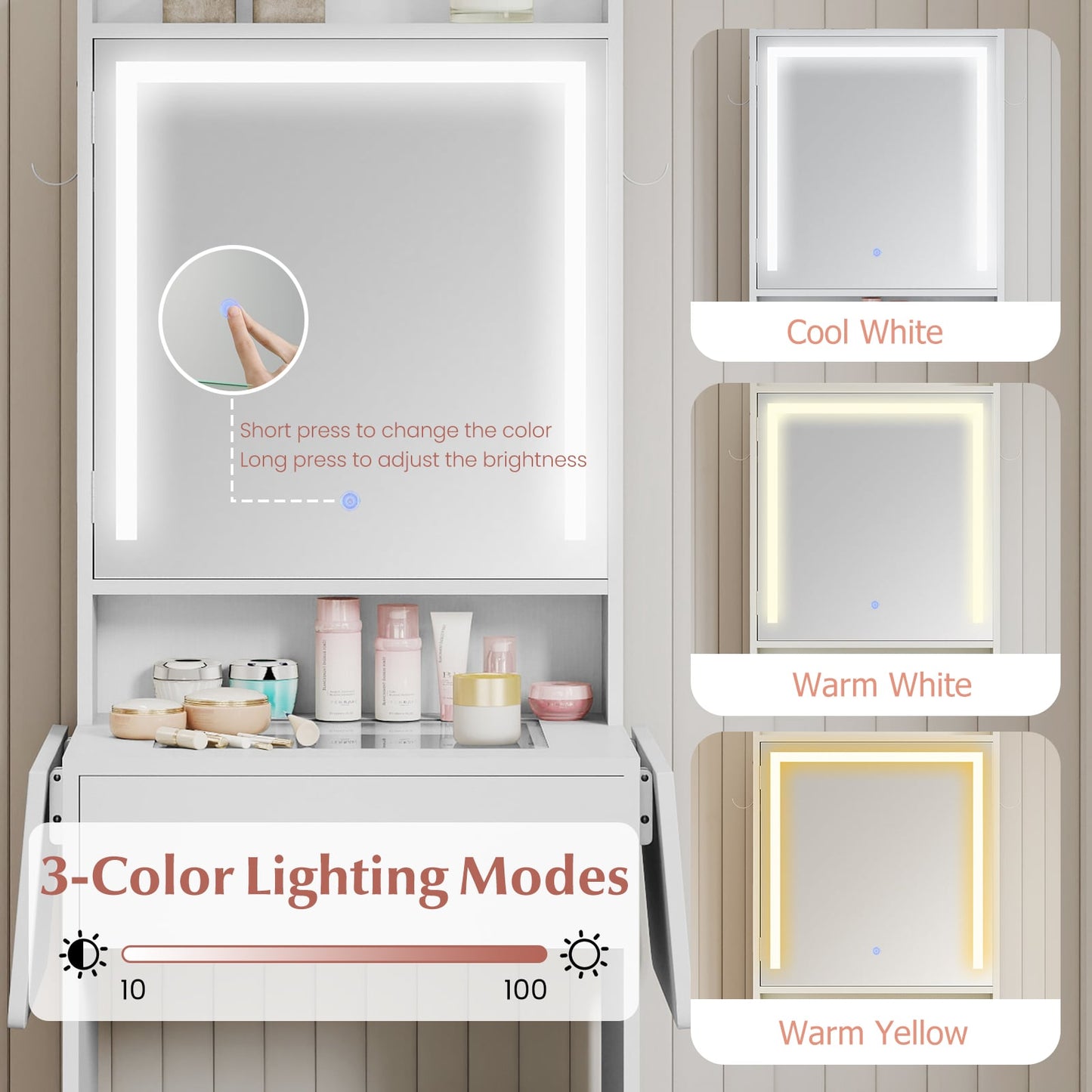 Compact Makeup Dressing Table with Visible Glass Top and Power Outlets-White