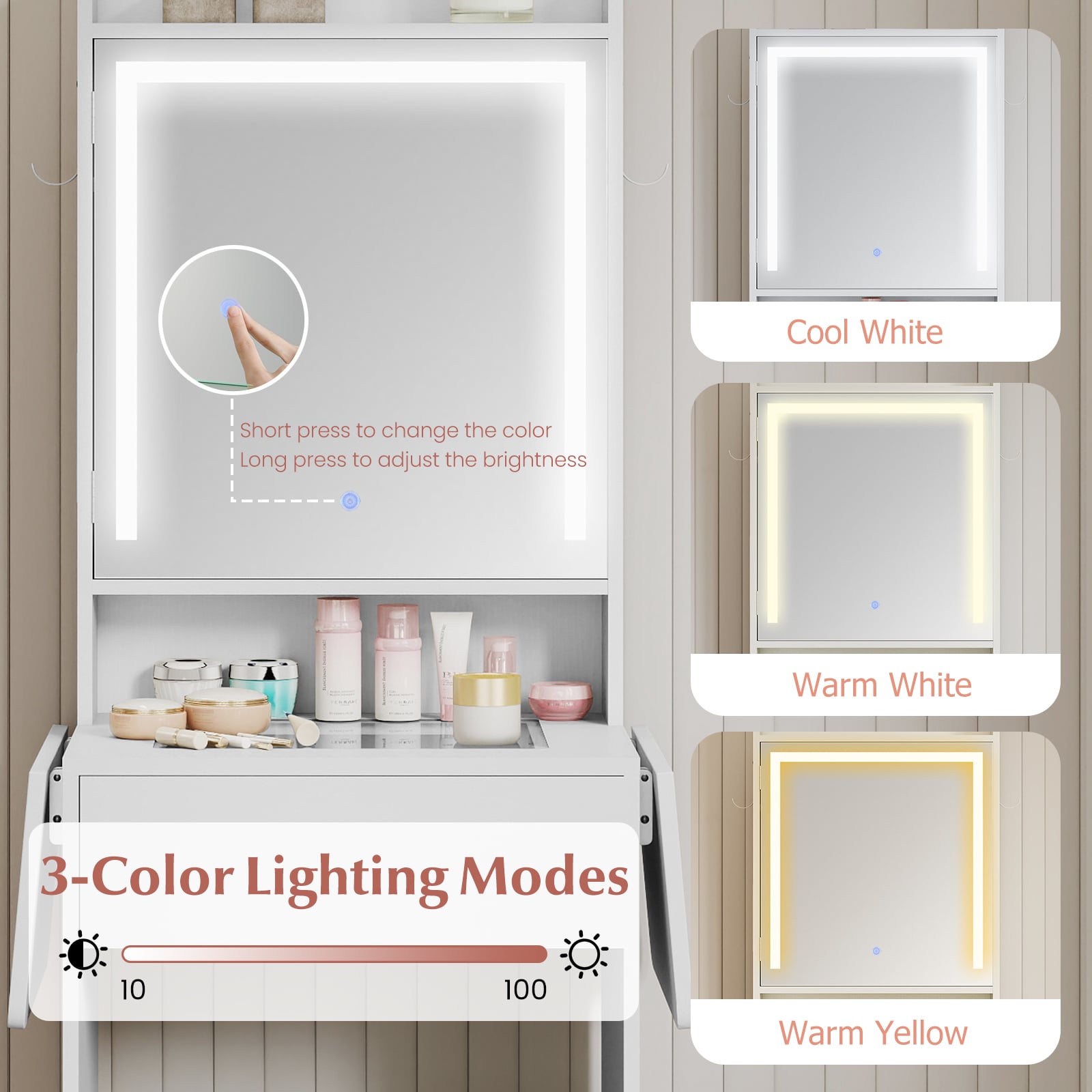 Compact Makeup Dressing Table with Visible Glass Top and Power Outlets-White