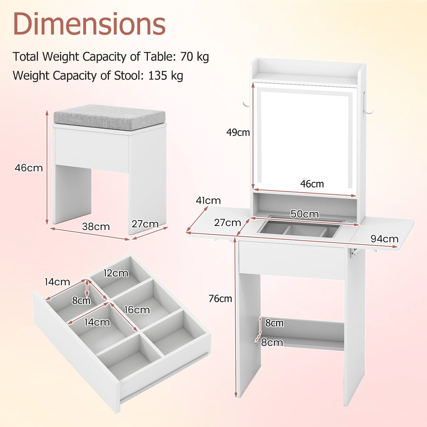 Compact Makeup Dressing Table with Visible Glass Top and Power Outlets-White
