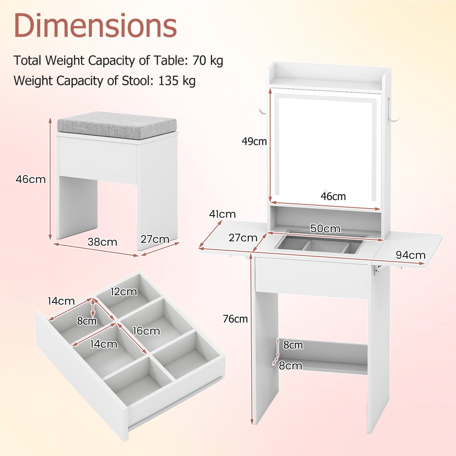 Compact Makeup Dressing Table with Visible Glass Top and Power Outlets-White