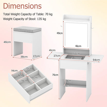 Compact Makeup Dressing Table with Visible Glass Top and Power Outlets-White
