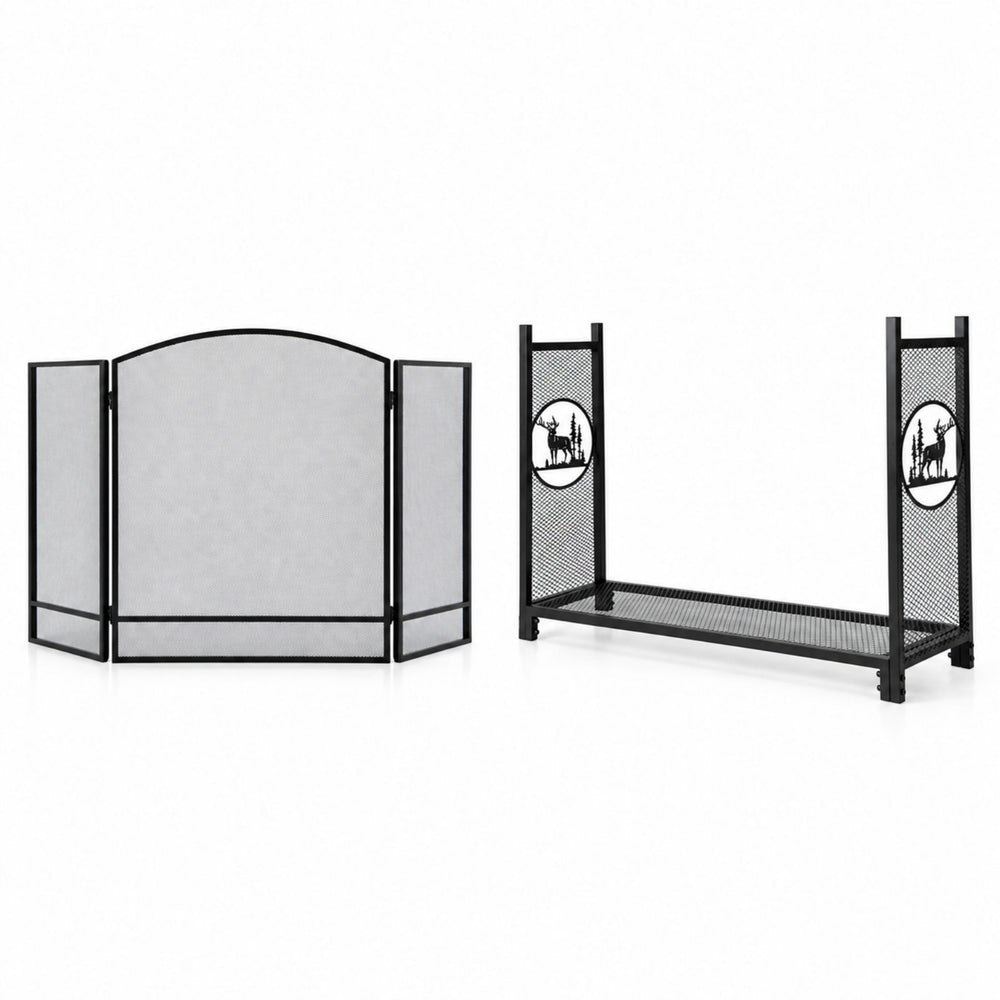 Complete Fireplace Companion Set: Folding 3-Panel Fire Screen & Deer Pattern Firewood Rack