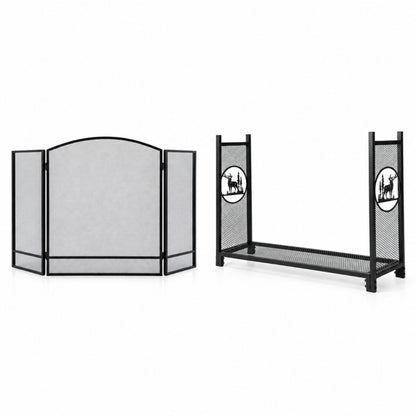 Complete Fireplace Companion Set: Folding 3-Panel Fire Screen & Deer Pattern Firewood Rack