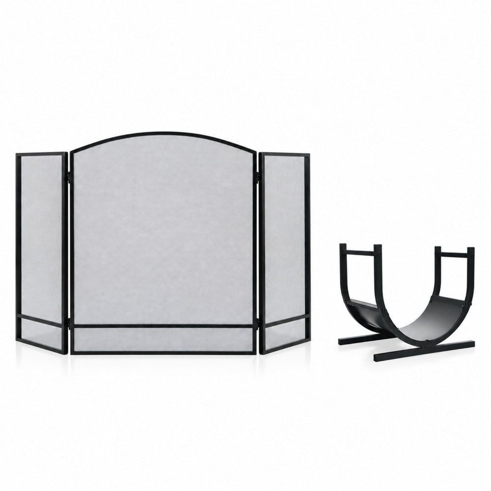 Complete Fireplace & Fire Pit Companion Set: Folding 3-Panel Fire Screen & U-Shaped Patio Firewood Rack