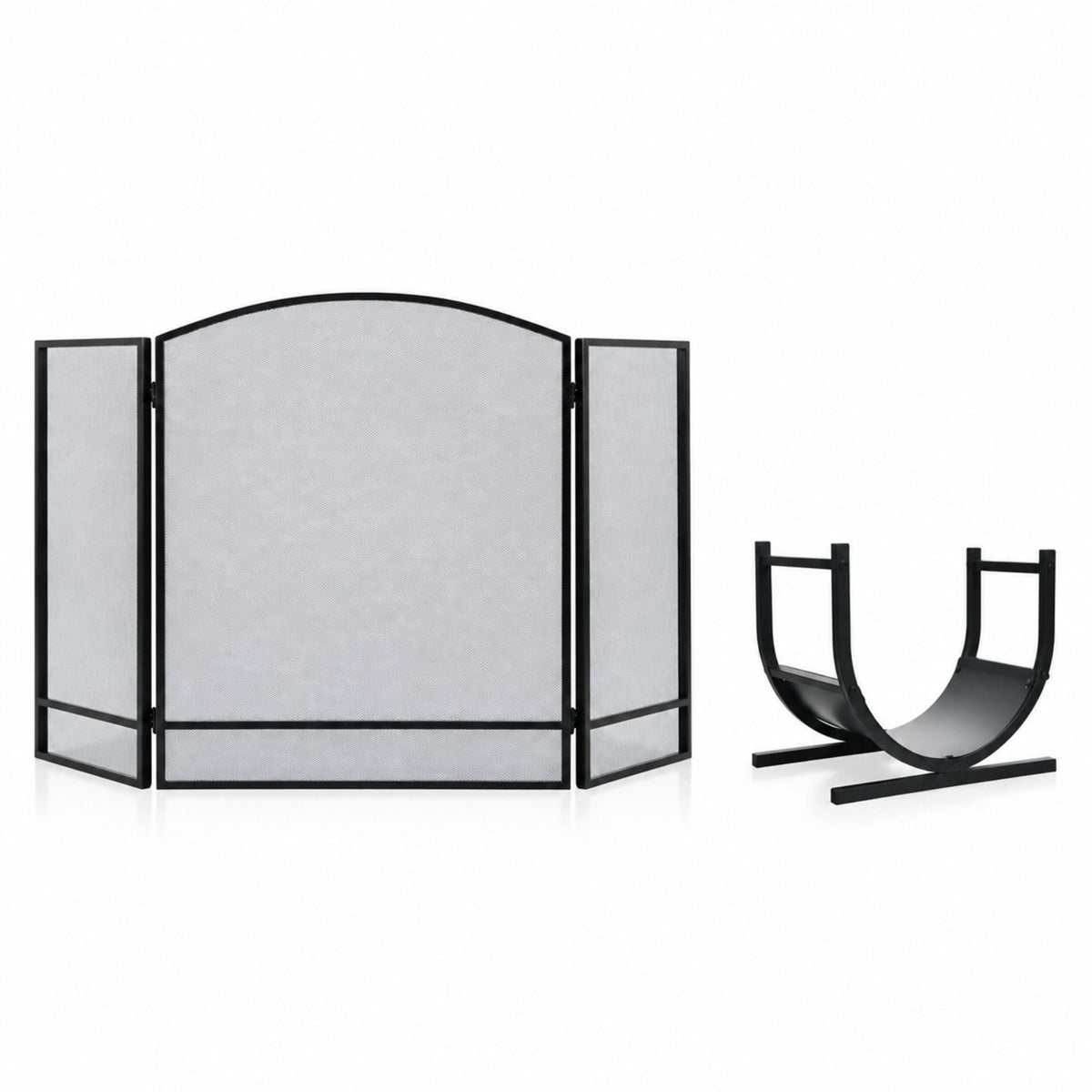 Complete Fireplace & Fire Pit Companion Set: Folding 3-Panel Fire Screen & U-Shaped Patio Firewood Rack