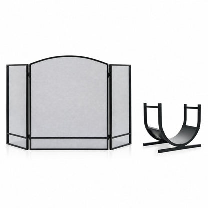 Complete Fireplace & Fire Pit Companion Set: Folding 3-Panel Fire Screen & U-Shaped Patio Firewood Rack