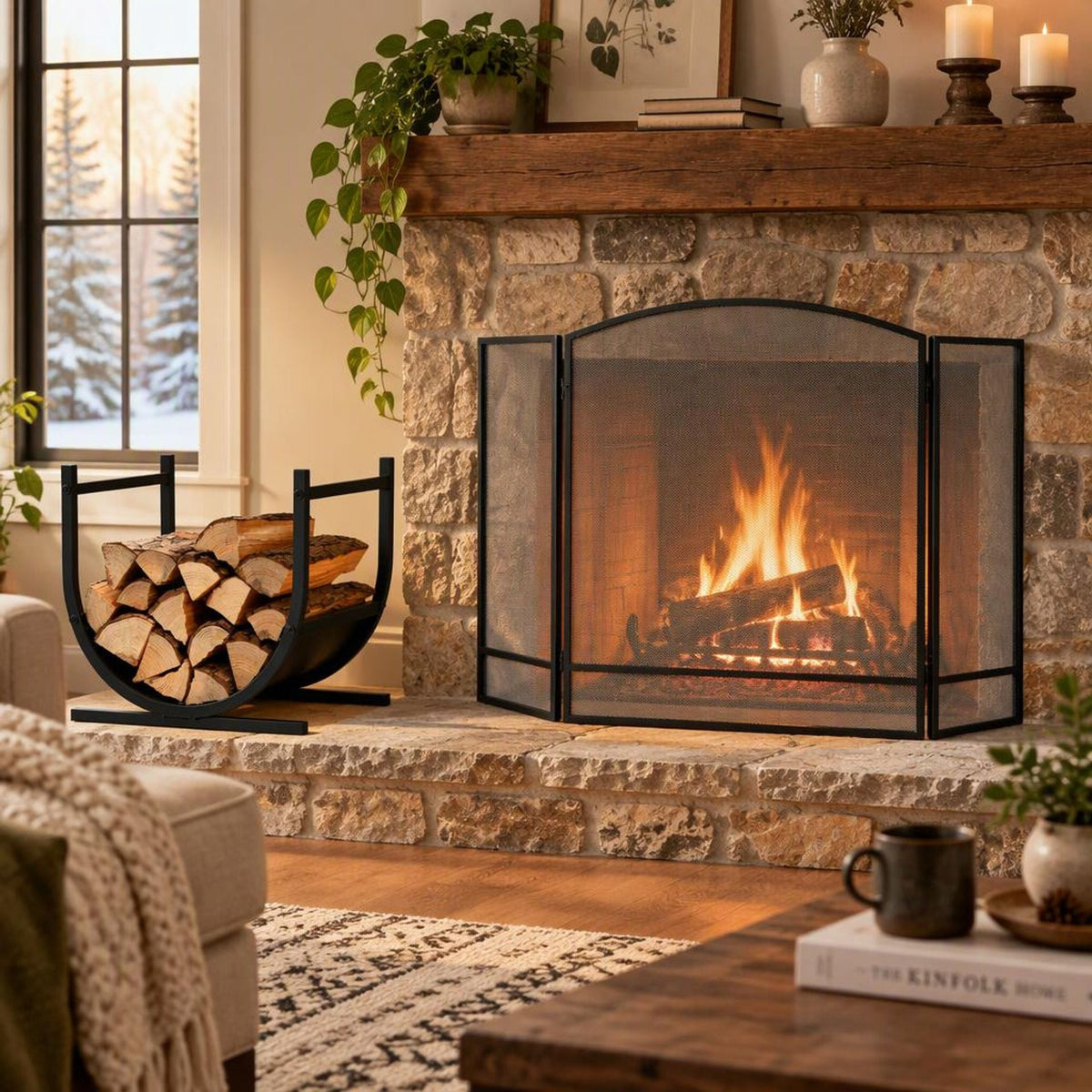 Complete Fireplace & Fire Pit Companion Set: Folding 3-Panel Fire Screen & U-Shaped Patio Firewood Rack