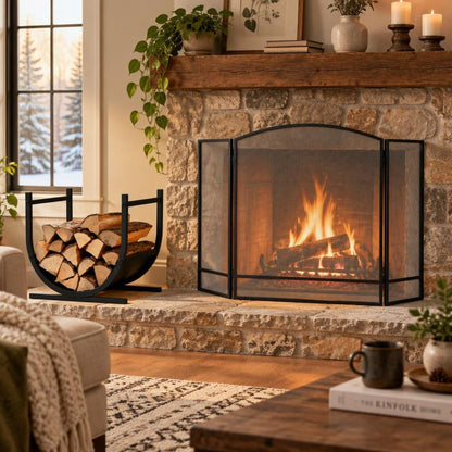 Complete Fireplace & Fire Pit Companion Set: Folding 3-Panel Fire Screen & U-Shaped Patio Firewood Rack