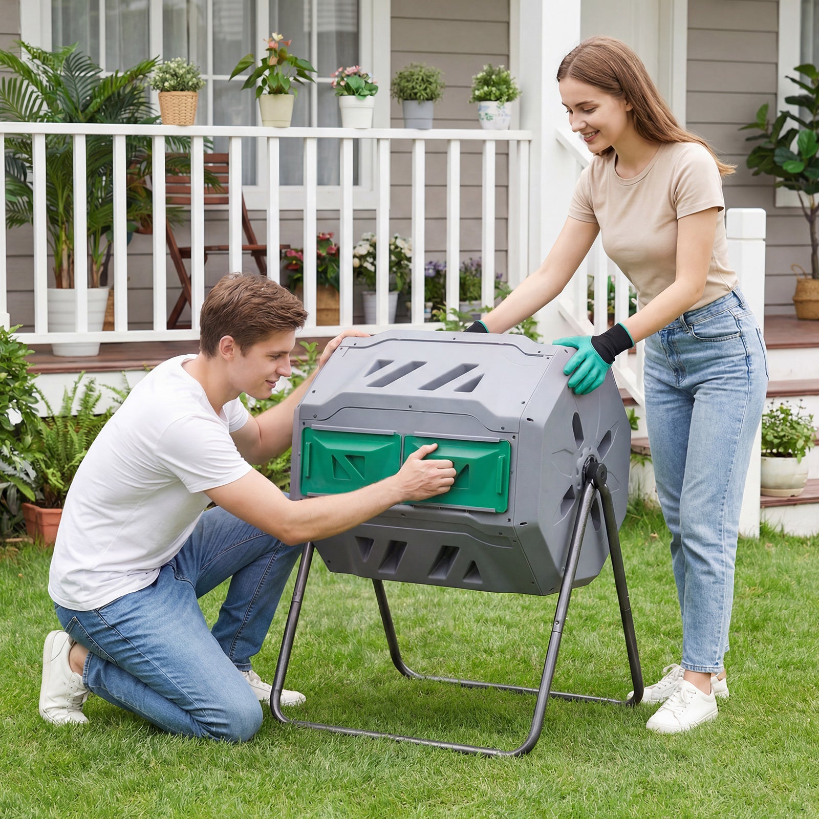 Compost Bin 160L Dual Chamber Composting Tumbler with Sliding Doors-Grey