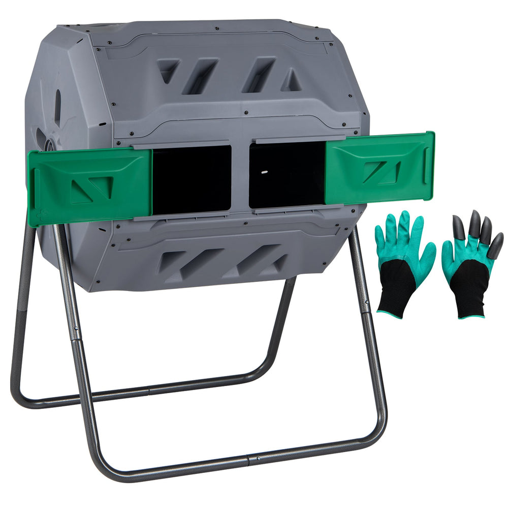 Compost Bin 160L Dual Chamber Composting Tumbler with Sliding Doors-Grey