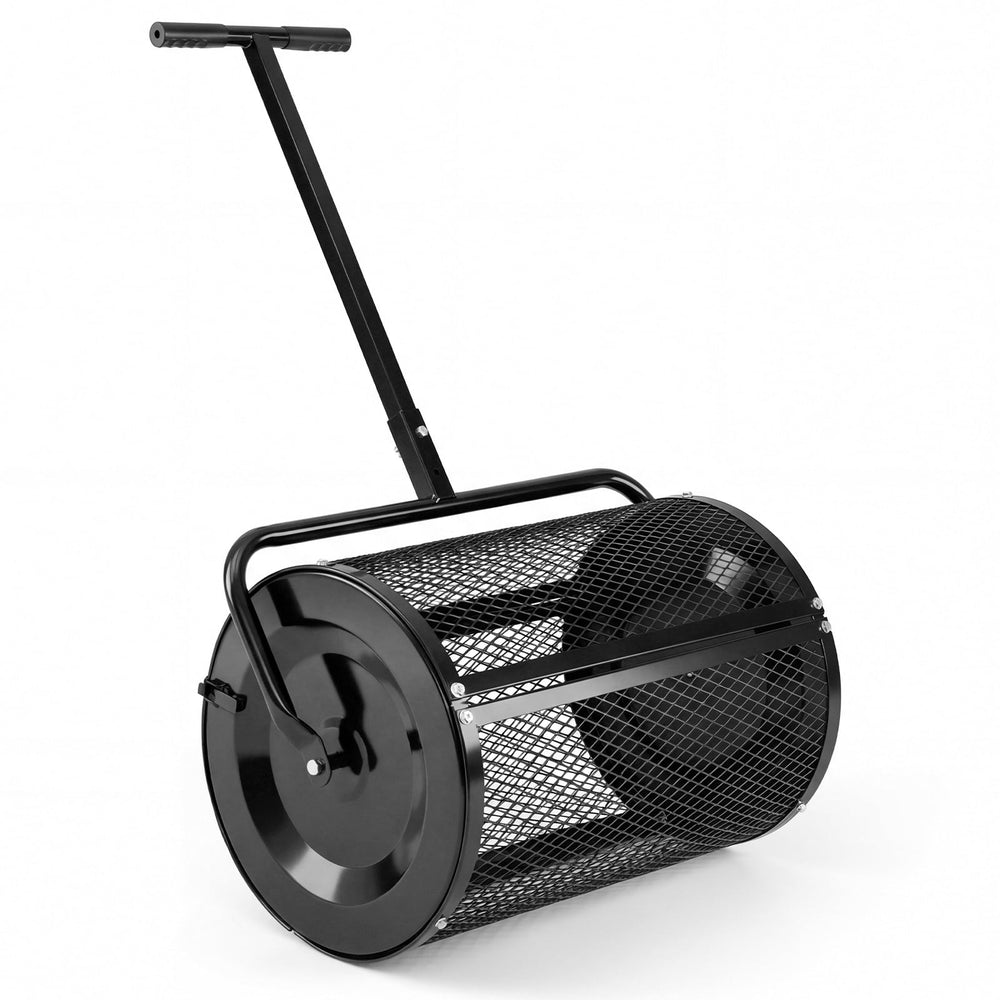 Compost Spreader 61cm Peat Moss Spreader Roller with Height-adjustable T-shape Handle-Black