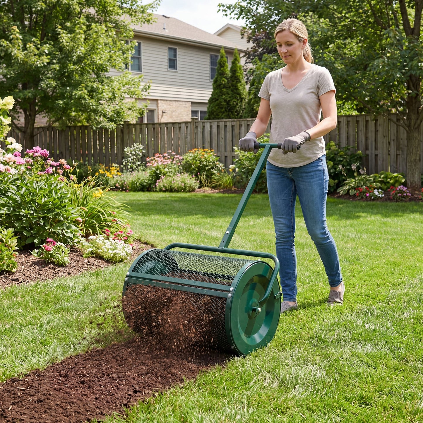 Compost Spreader 61cm Peat Moss Spreader Roller with Height-adjustable T-shape Handle-Green