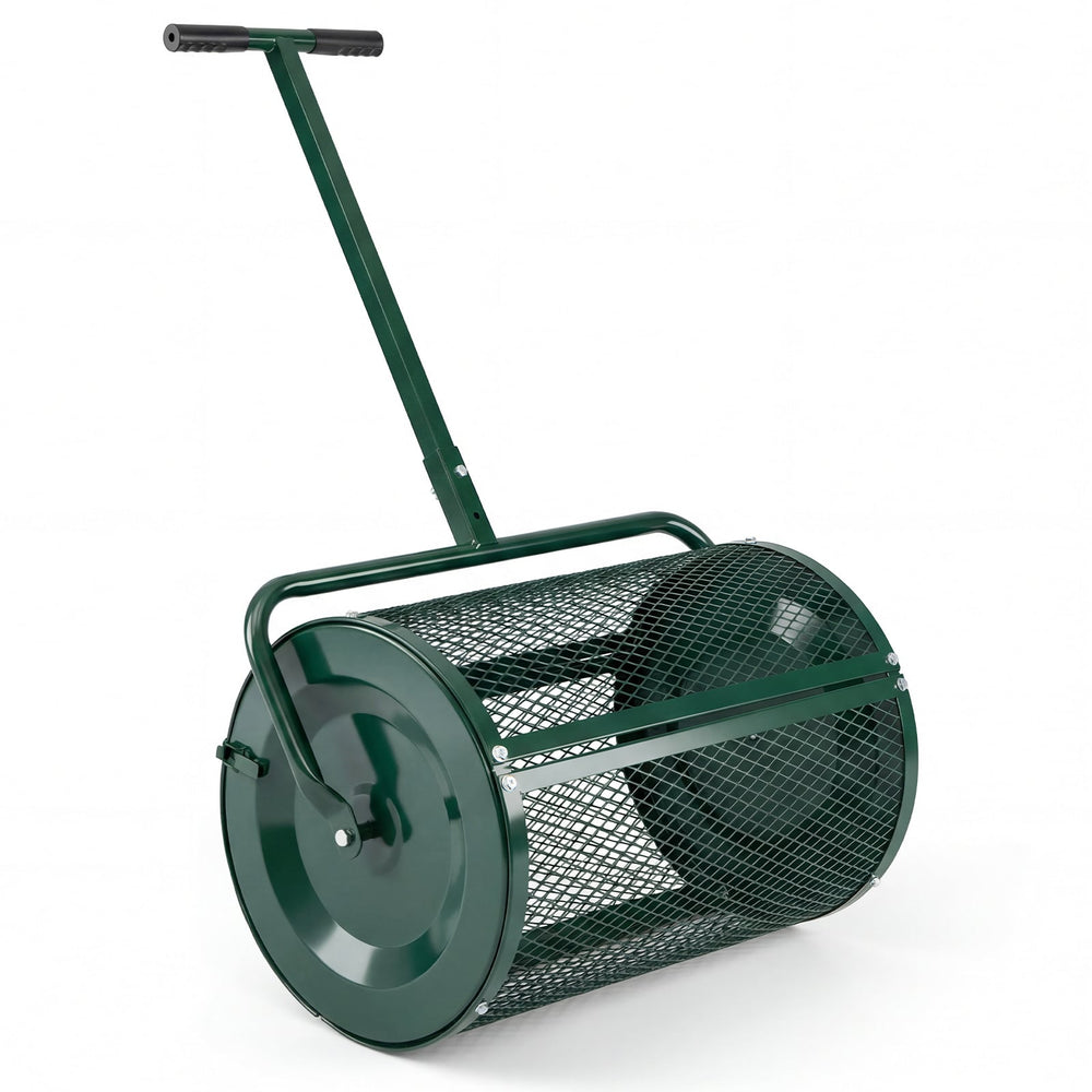 Compost Spreader 61cm Peat Moss Spreader Roller with Height-adjustable T-shape Handle-Green