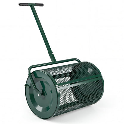 Compost Spreader 61cm Peat Moss Spreader Roller with Height-adjustable T-shape Handle-Green