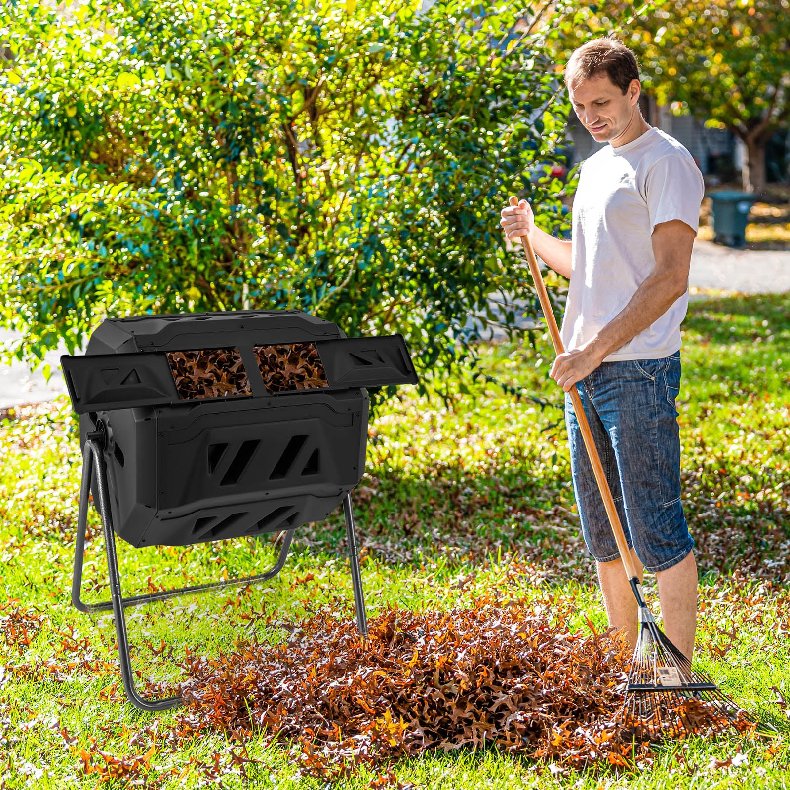 Compost Bin 160L Dual Chamber Composting Tumbler with Sliding Doors-Black