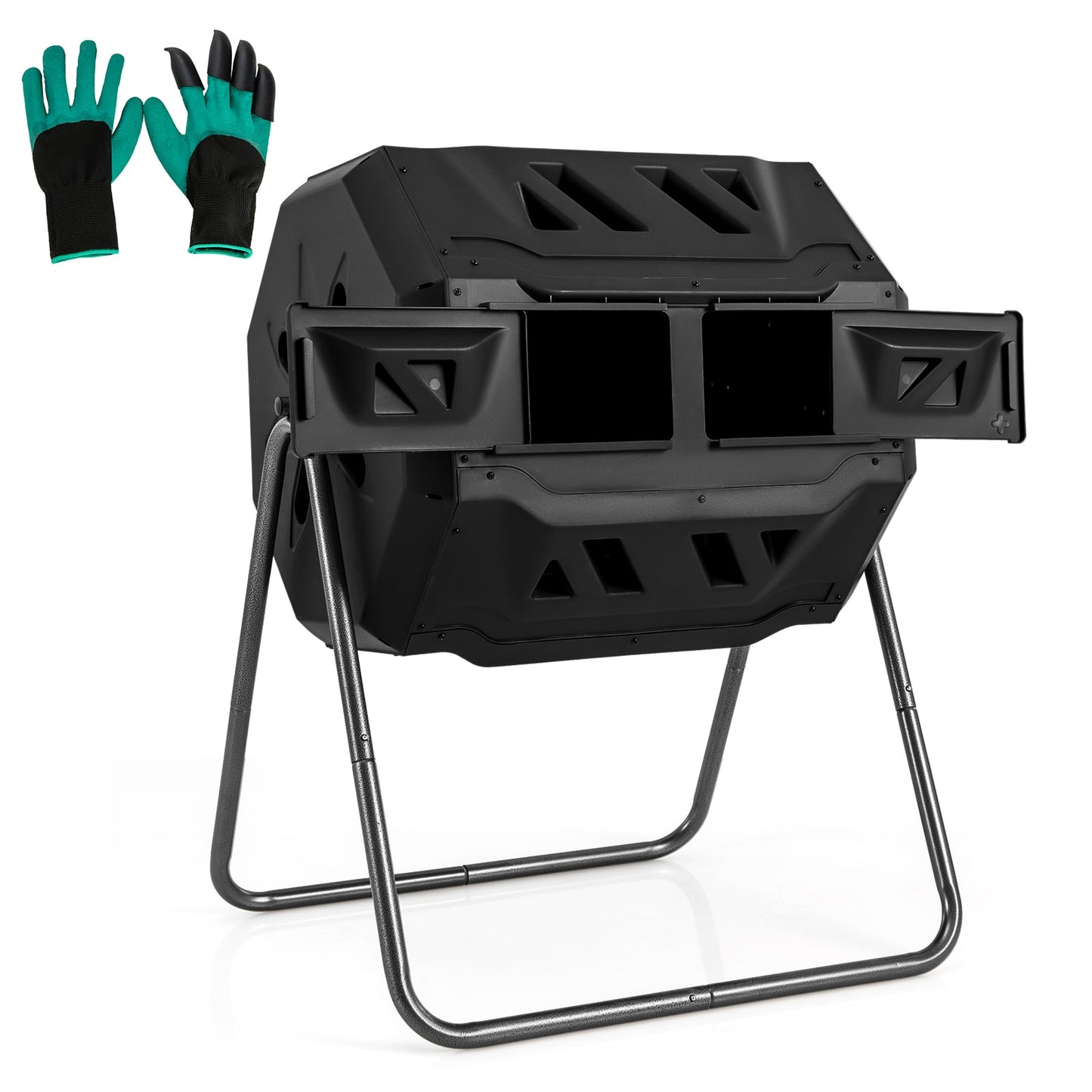 Compost Bin 160L Dual Chamber Composting Tumbler with Sliding Doors-Black