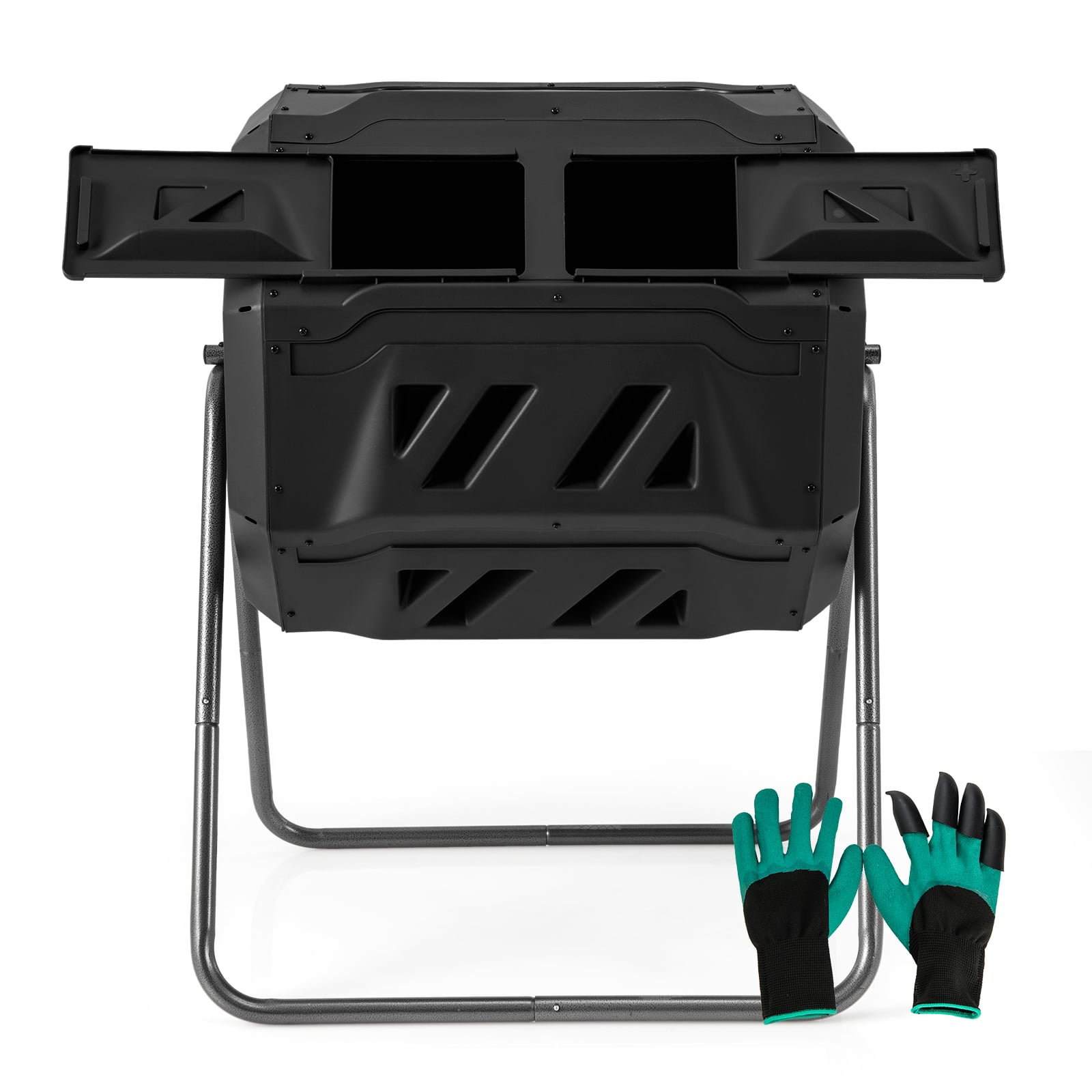 Compost Bin 160L Dual Chamber Composting Tumbler with Sliding Doors-Black