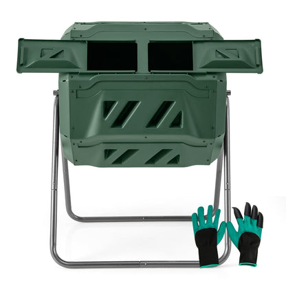 Compost Bin 160L Dual Chamber Composting Tumbler with Sliding Doors-Green
