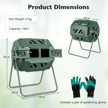 Compost Bin 160L Dual Chamber Composting Tumbler with Sliding Doors-Green