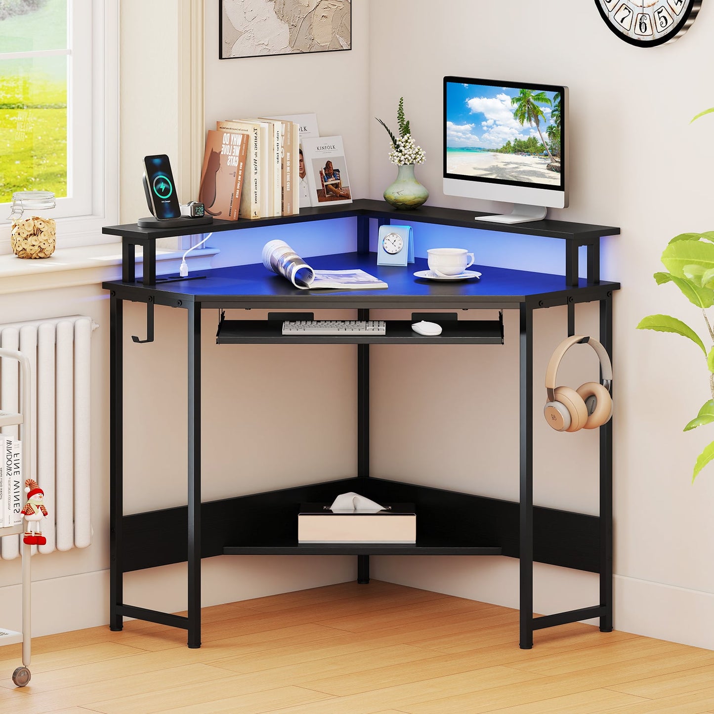 Computer Corner Desk with LED Charging Station and Monitor Stand-Black