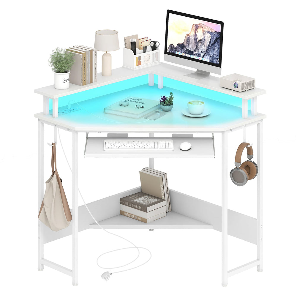 Computer Corner Desk with LED Charging Station and Monitor Stand-White