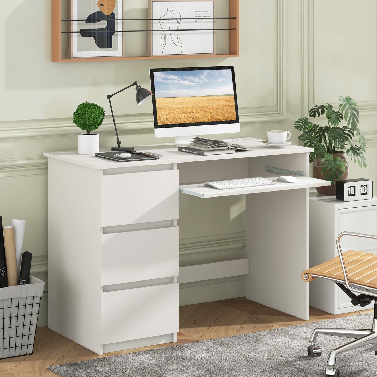 Computer Desk with 3 Large Drawers and Power Outlet-White