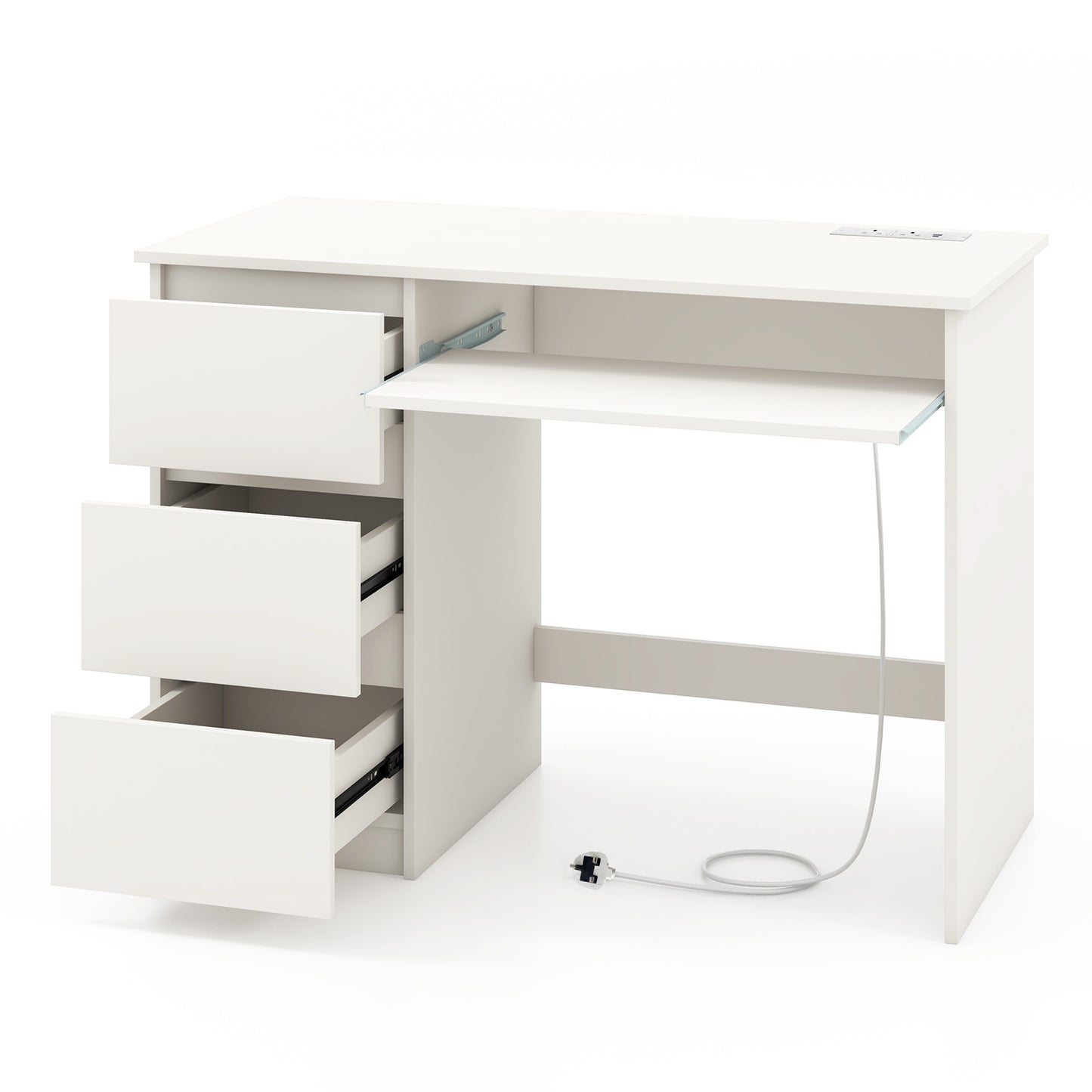 Computer Desk with 3 Large Drawers and Power Outlet-White