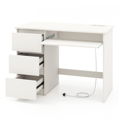 Computer Desk with 3 Large Drawers and Power Outlet-White