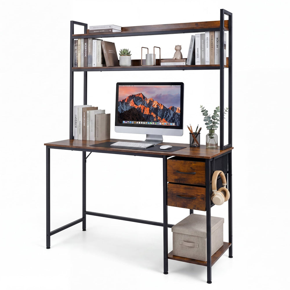 Computer Desk with Hutch Reversible Executive Desk with Fabric Drawers and Metal Frame-Rustic Brown