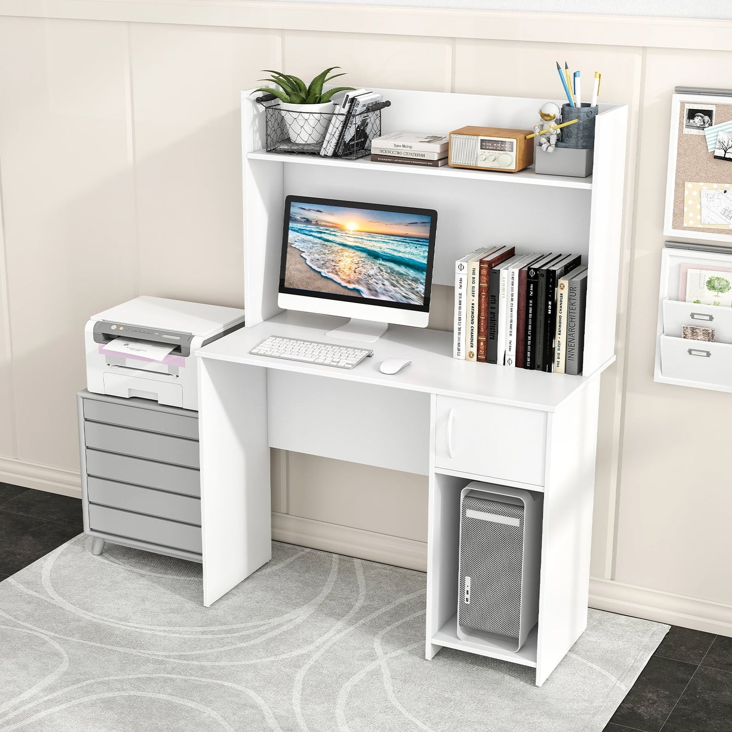 Computer Desk with Hutch and 2 Open Shelves for Home Office-White