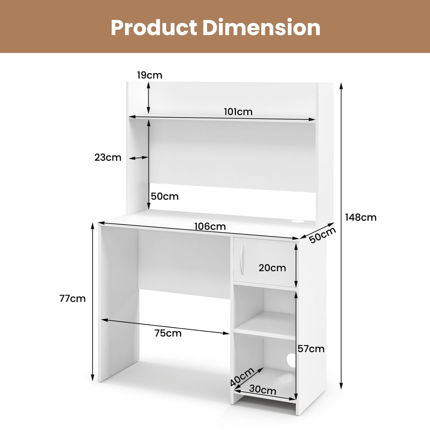 Computer Desk with Hutch and 2 Open Shelves for Home Office-White