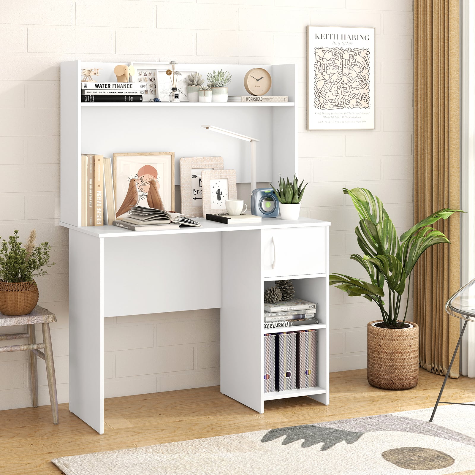 Computer Desk with Hutch and 2 Open Shelves for Home Office-White