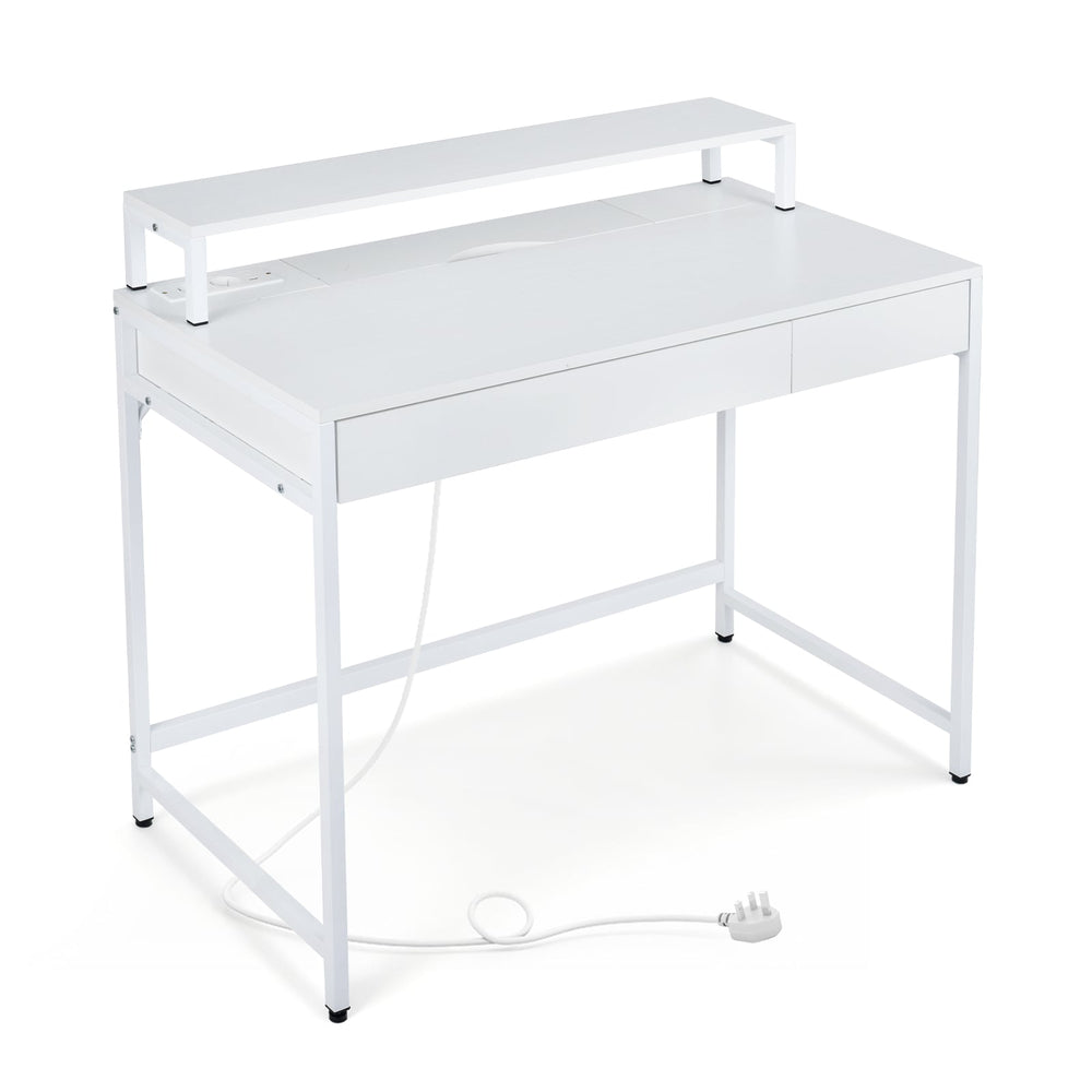 Computer Desk with Power Outlets Compact Office Desk with Removable Monitor Stand-White