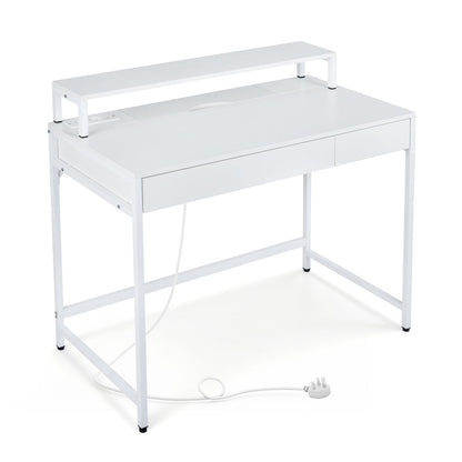Computer Desk with Power Outlets Compact Office Desk with Removable Monitor Stand-White