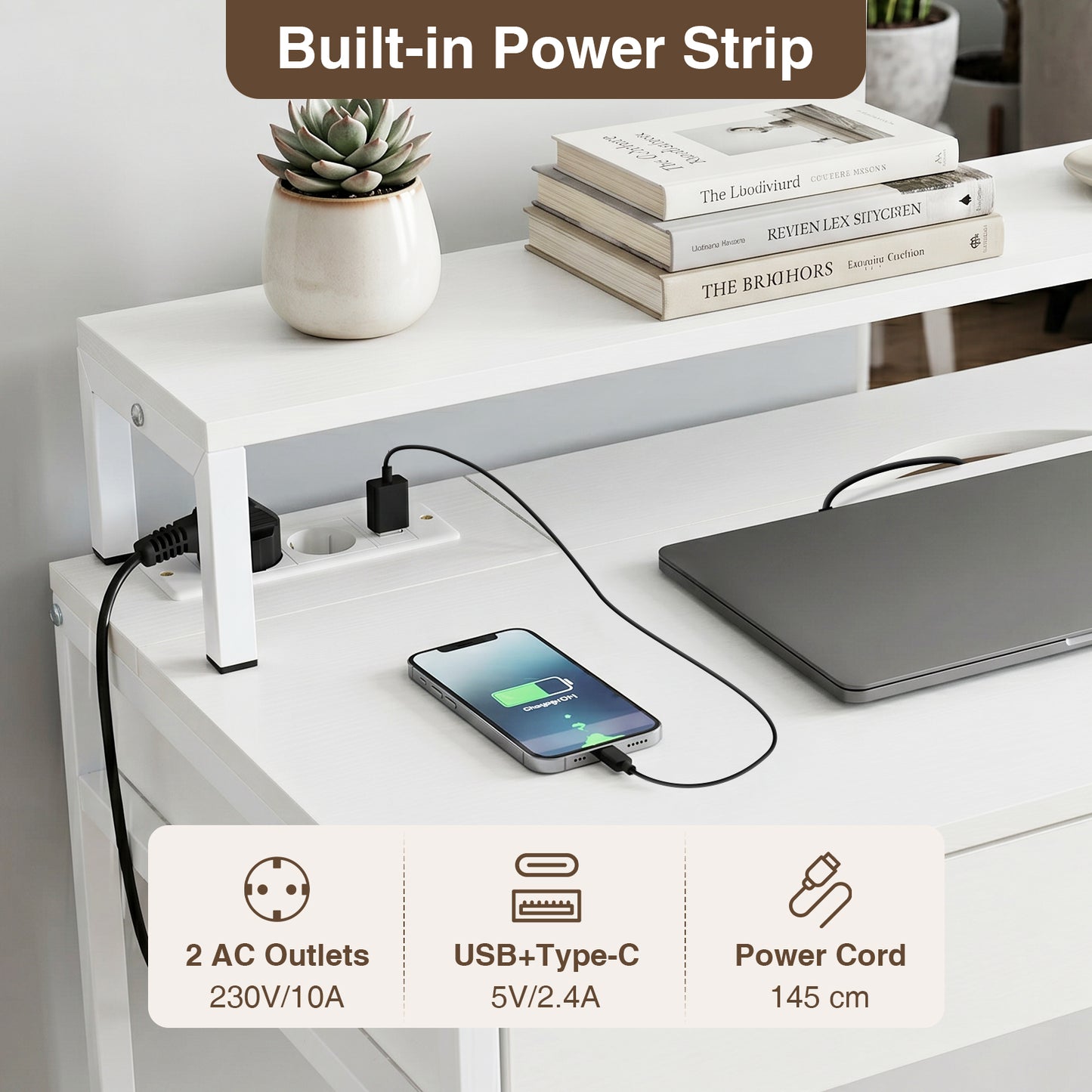 Computer Desk with Power Outlets Compact Office Desk with Removable Monitor Stand-White