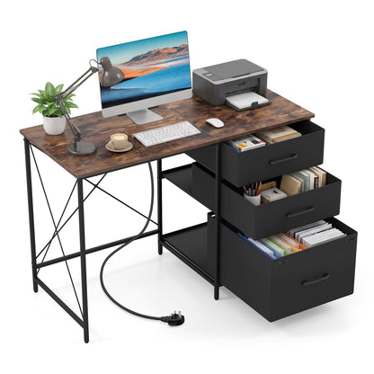 Computer Desk with Power Outlets and File Drawer for Home Office-Rustic Brown